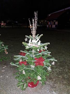 PRAZNIČNA OBČINA ŠKOFLJICA: lokalne skupnosti so okrasile smrečice v drevoredu pri zunanjem igrišču OŠ Škofljica